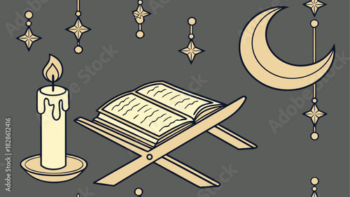 Candle book and crescent moon ramadan illustration