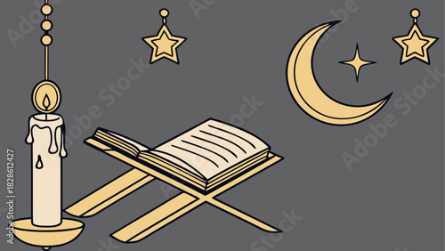 Illustration of islamic symbols and a book stand