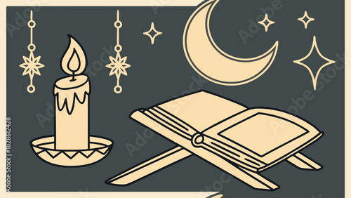 Illustration of candle book moon and stars art