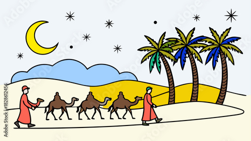 Caravan of camels and people in desert at night