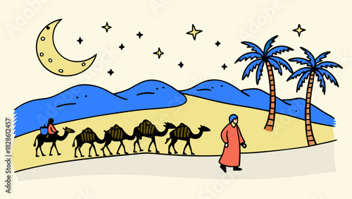 Caravan of camels in desert under moon and stars