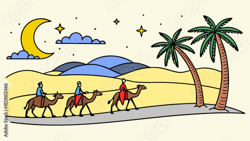 Three people riding camels through desert landscape