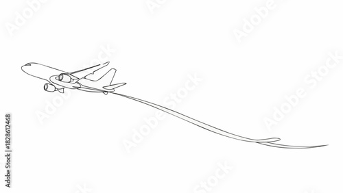 Aviation illustration showing a passenger airplane with a very long contrail in a simple outline style