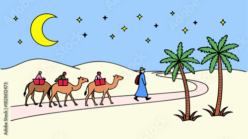 Caravan of camels walking through desert at night