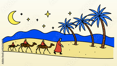 Three wise men and camels under starry night sky