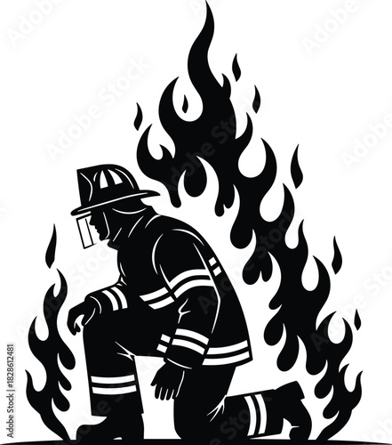 Firefighter silhouette kneeling in front of raging fire flames, black and white vector illustration of brave fireman hero wearing full safety gear and helmet