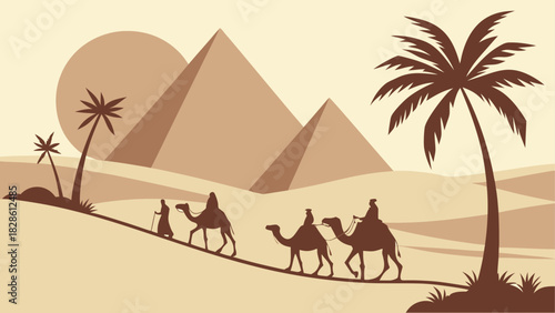 Caravan crossing desert with pyramids backdrop