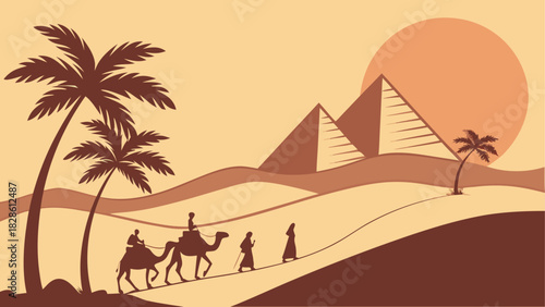 Caravan scene with pyramids and palm trees view