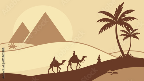 Illustration of camels pyramids and palm trees