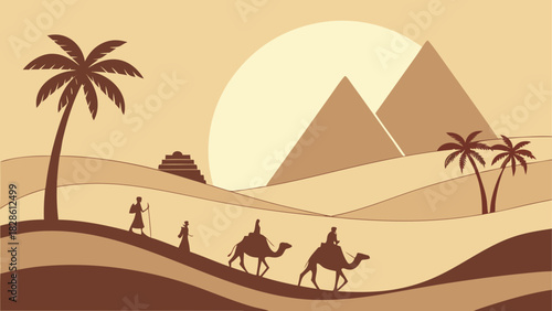 Desert scene with pyramids and camel caravan ride