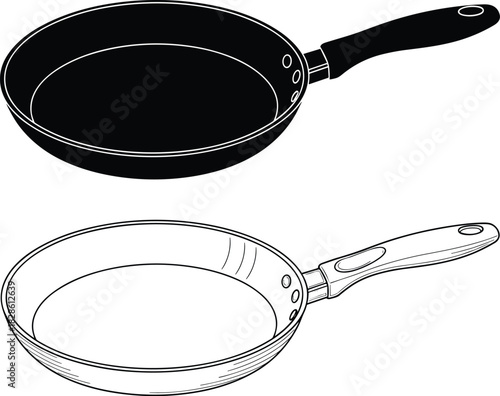 Frying pan vector illustration set with black silhouette and outline sketch style for kitchen cooking food design, cookware utensil icon isolated on white background
