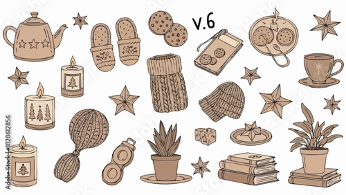 Illustration featuring cozy winter items such as candles, books, and warm accessories of brown color