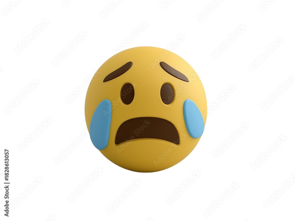 Fototapeta premium A sad and crying emoji face with blue tears streaming down its cheeks isolated on transparent background