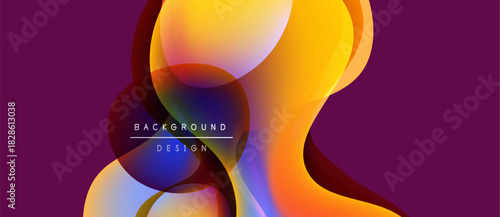 Abstract fluid shapes overlap, creating vibrant color gradients. Purple background complements orange, yellow, blue hues. Modern design element.