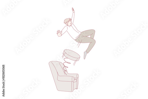Male employee pushed out from chair with spring. Man worker dismissed fired from job in company or corporation. Firing and dismissal concept. Unemployment. Flat vector illustration.