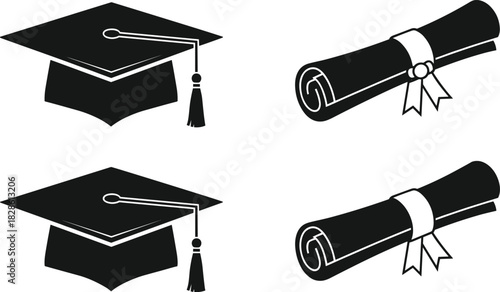 Graduation cap and diploma scroll icon set, vector illustration of black academic mortarboard and certificate rolled with ribbon, isolated symbols for university degree