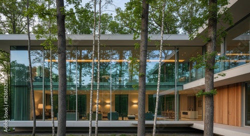 Modern glass house blending seamlessly with natural forest environment