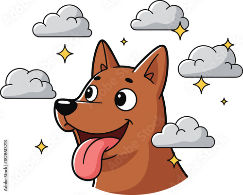 Happy cartoon dog with tongue out, surrounded by fluffy clouds and sparkling stars, whimsical pet illustration for kids, joy, fun, and imagination