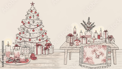 A christmas scene with a decorated tree gifts and candles on a wooden floor and table setting scene