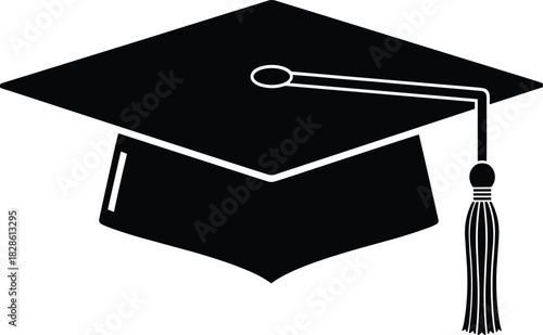Graduation cap silhouette vector illustration, black mortarboard with tassel isolated on white background, university or college degree symbol for academic success and education achievement
