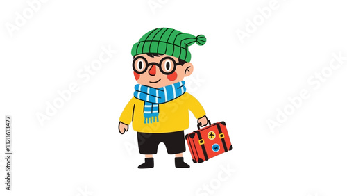Adorable cartoon boy in green hat, striped scarf, and glasses, holding a red suitcase, preparing for a delightful journey, school adventure, or fun outing
