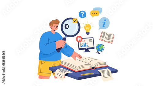 Focused student deeply engaged in learning and research, analyzing books and digital data to gain comprehensive knowledge and insights