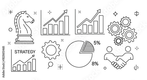 Business strategy icons: graphs with upward trends, handshake, chess knight, gears, and pie chart.