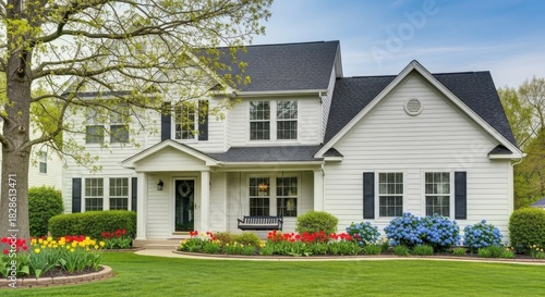 White house with dark roof and landscaped garden in spring