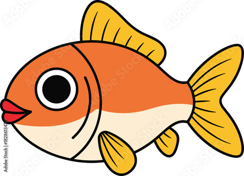 Playful cartoon fish with red lips and big eye, orange and cream body, yellow fins, stylized aquatic vector for kids