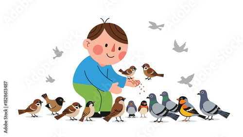 Joyful boy feeding birds with seeds outdoors A heartwarming scene with wildlife interaction