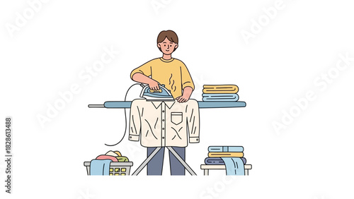 Vector illustration of a young man focused on ironing clothes, representing household chores and domestic daily routine