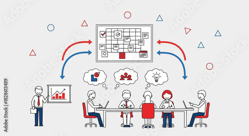 Illustration of a business meeting with brainstorming, presentation, and collaborative problem-solving.