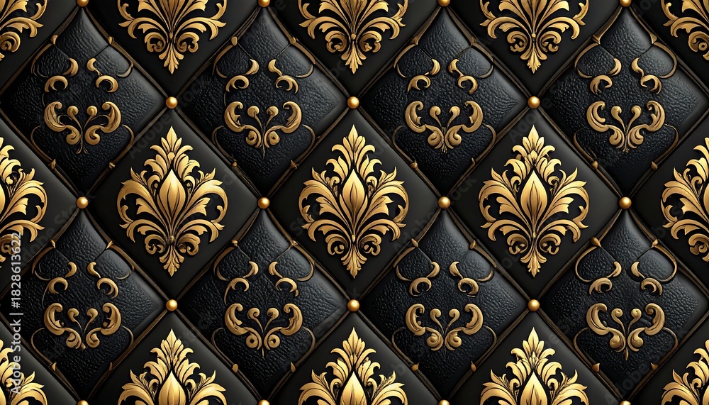 Obraz premium Luxurious Black Tufted Leather with Golden Baroque Pattern and Ornate Floral Motifs, Elegant Black and Gold Upholstery Background