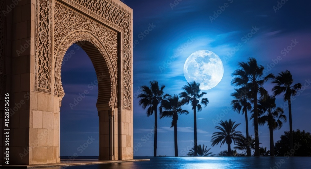 Fototapeta premium Ornate archway moonlight tropical night scene