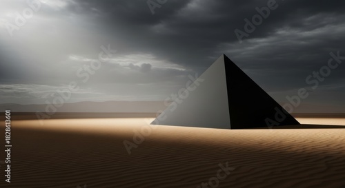 Mysterious Black Pyramid in Desert under Dramatic Sky
