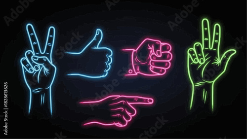Neon style illustration of diverse hand gestures on a dark background forming a graphic design