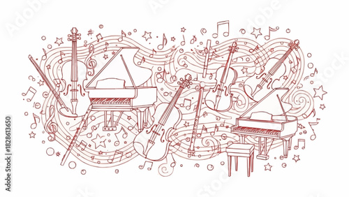 Musical instruments and notes illustration with pianos, violins and flutes on swirling lines