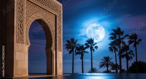 Ornate archway moonlight tropical night scene
