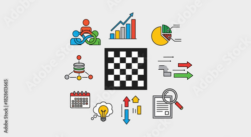 A collection of business and data analysis icons surrounding a chessboard.