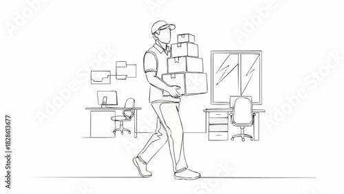Delivery man carrying stack of boxes in office with desks and chairs in line art style drawing