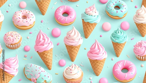 Sweet Pastel Desserts Pattern with Donuts, Ice Cream, and Cupcakes - 3D Render