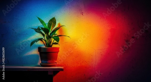 Potted plant on wooden shelf with vibrant colorful gradient wall