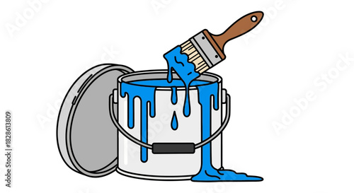 A cartoon depiction of a paint bucket with a dripping brush.