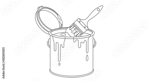 A paint can is open with a brush dipped inside, overflowing.