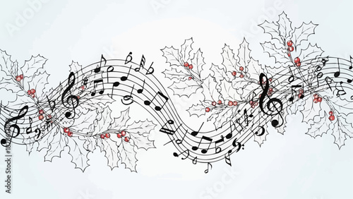 Musical notes on staff with holly leaves and berries creating a festive holiday theme design art