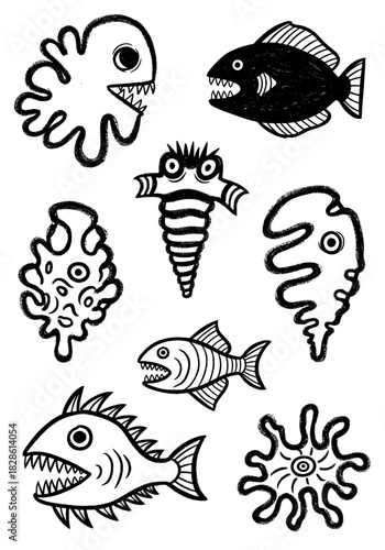 Strange collection of grotesque deep-sea creatures and bizarre underwater monsters featuring sharp teeth and wavy bodies, sketched in a scary black and white rough doodle style