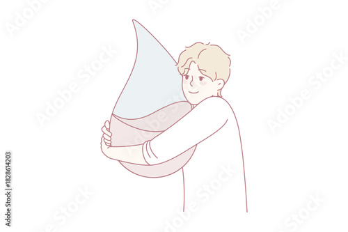 Man is holding drop with blood suffering from low sugar blood level. Guy struggle from hypoglycemia or anemia. Diabetes problem concept. Vector illustration.