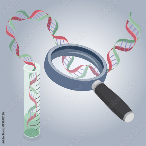 Laboratory test tube with a DNA helix inside under a magnifying glass. Examination of deoxyribonucleic acid. Genetic test concept. 3d flat isometric vector illustration.