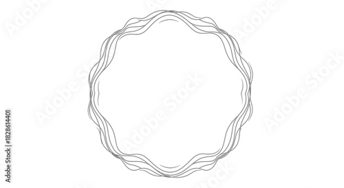 Abstract circular design composed of wavy, overlapping, gray lines on white background.