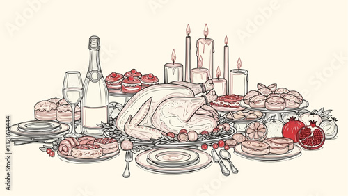 Festive thanksgiving table setting with turkey, desserts, wine, and lit candles arrangement sketch